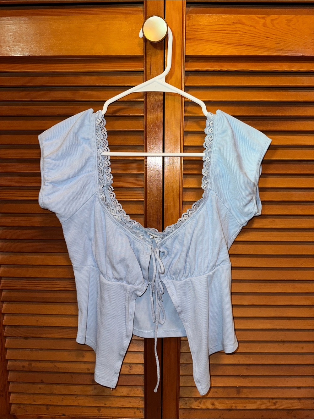 Garage Pale Blue Lace-Trim Tie-Front Blouse